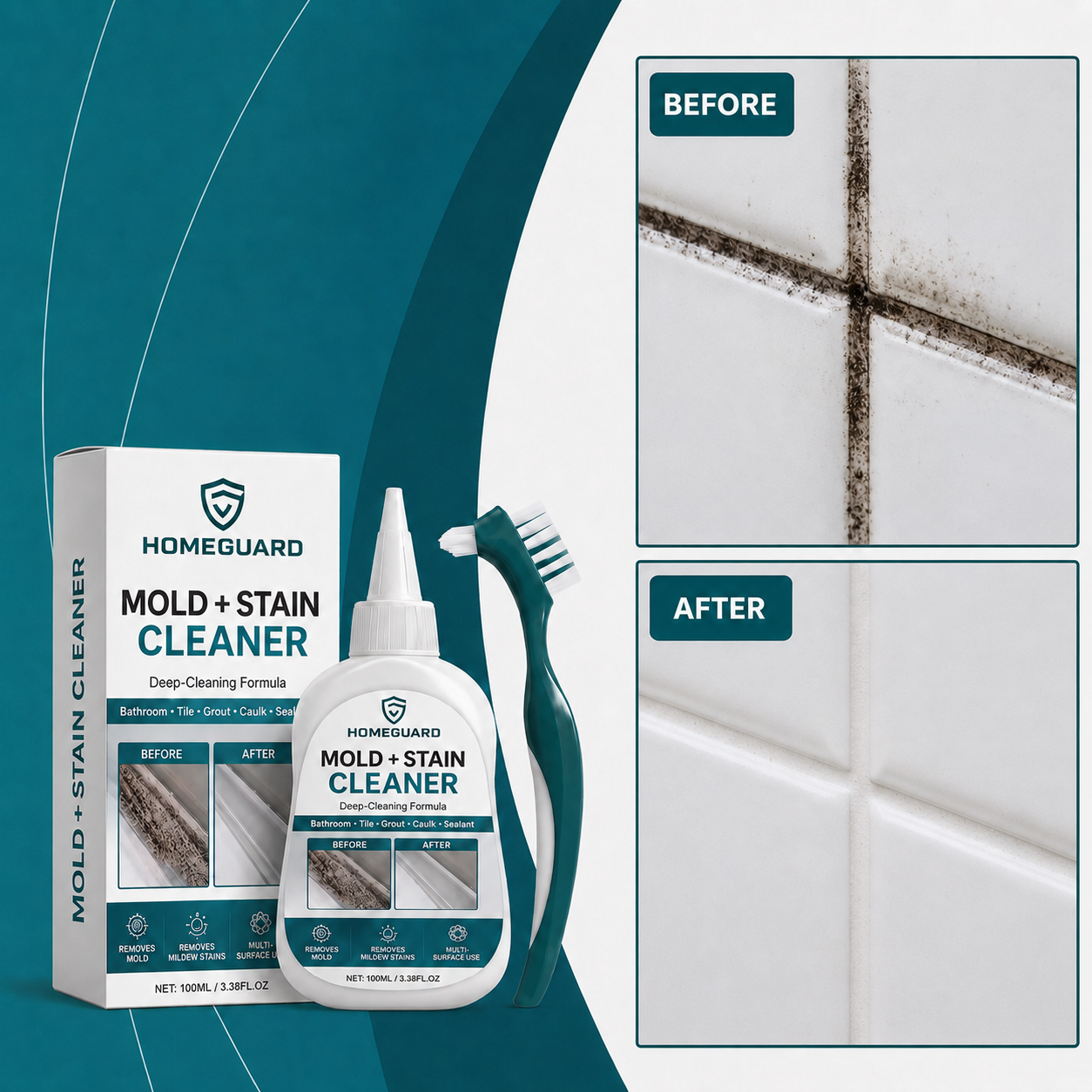 HomeGuard Mold and Stain Cleaner with precision applicator and included cleaning brush