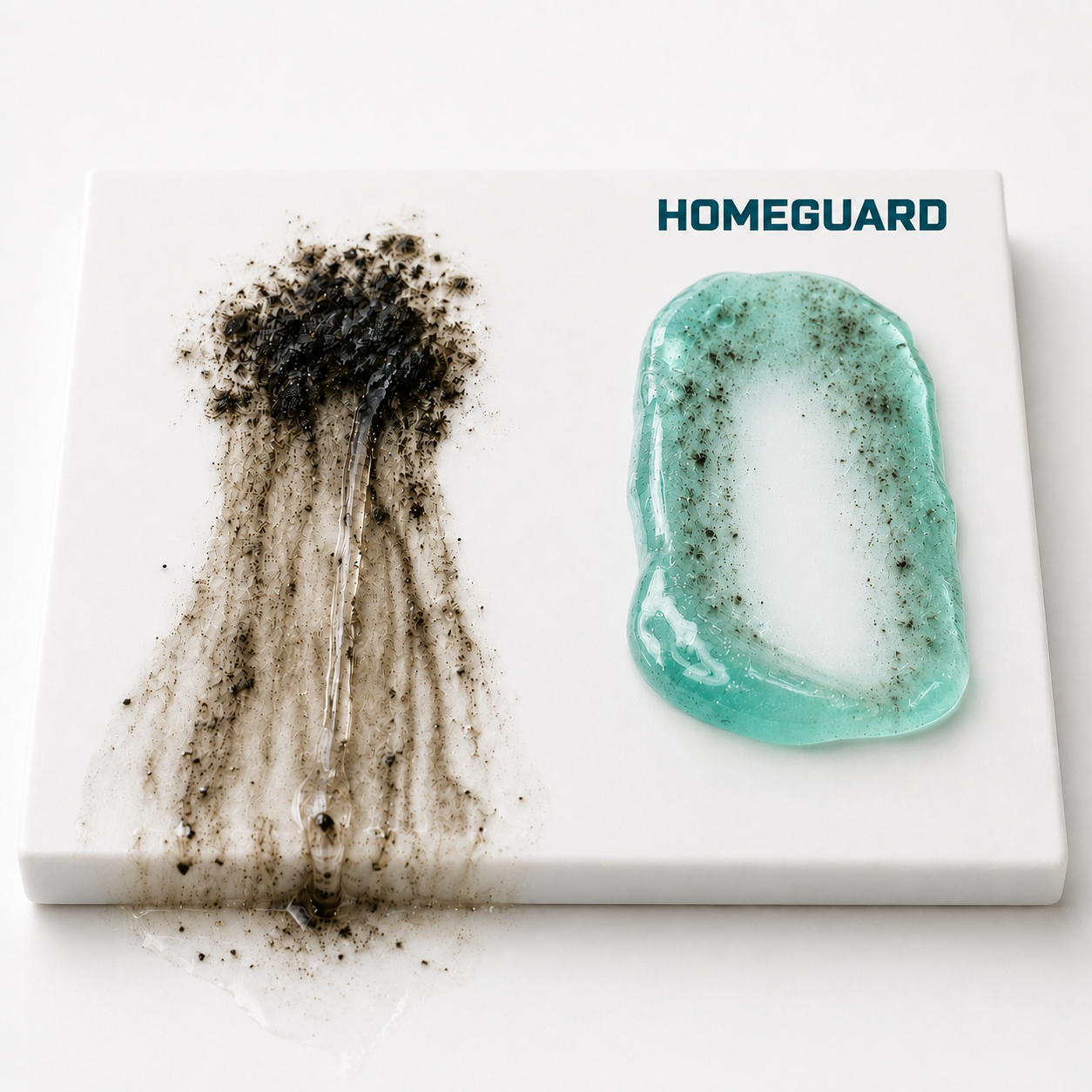 Thin liquid moving across dark surface buildup compared with HomeGuard cling gel staying concentrated on the target area