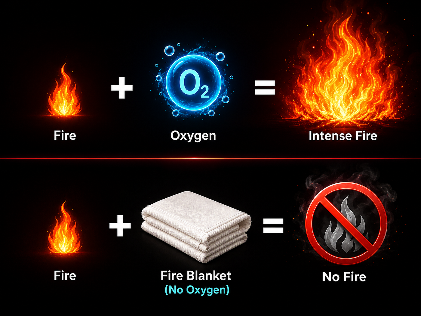 Fire plus oxygen equals intense fire, fire plus blanket equals no oxygen