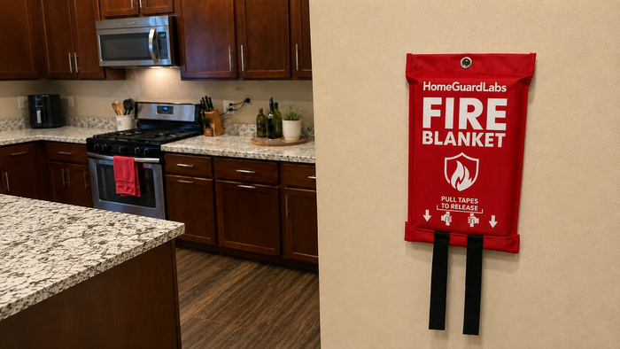 HomeGuardLabs fire blanket mounted near kitchen